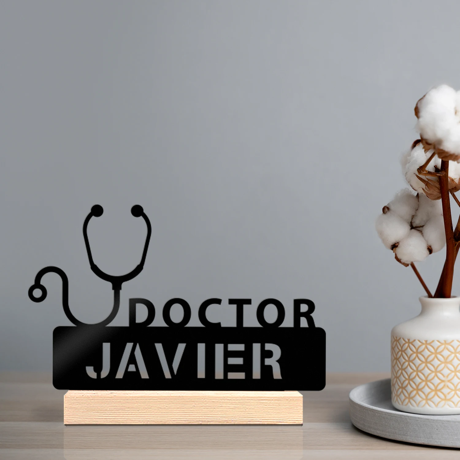 1pc Personalized Stethoscope Shaped Metal Ornament, Customizable Content,with Wooden Base, Desktop Decoration,Commemorative Gift