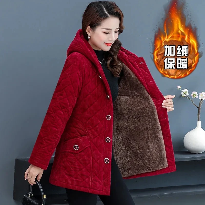 Parkas Women 2024 Winter New Fleece Thicke Corduroy Outerwear Cotton Jacket Female Hooded Padded Coat Clothes Basic Coats