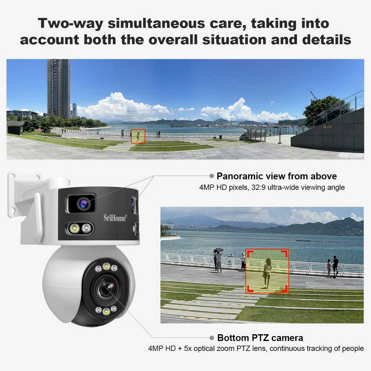 Srihome 3 Lens 2 SCREEN WiFi Outdoor Camera Outdoor 8MP HD 2.4G&5G WIFI Security Camera Human AI Auto Detect Tracking Cam