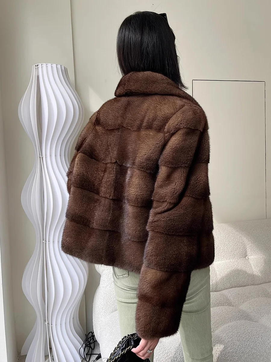 HDHOHR 2025 신상 100% 리얼 밍크 퍼 코트 여성 패션 필수템 천연 밍크 코트 따뜻한 숏 가죽 아우터 겨울 퍼 재킷