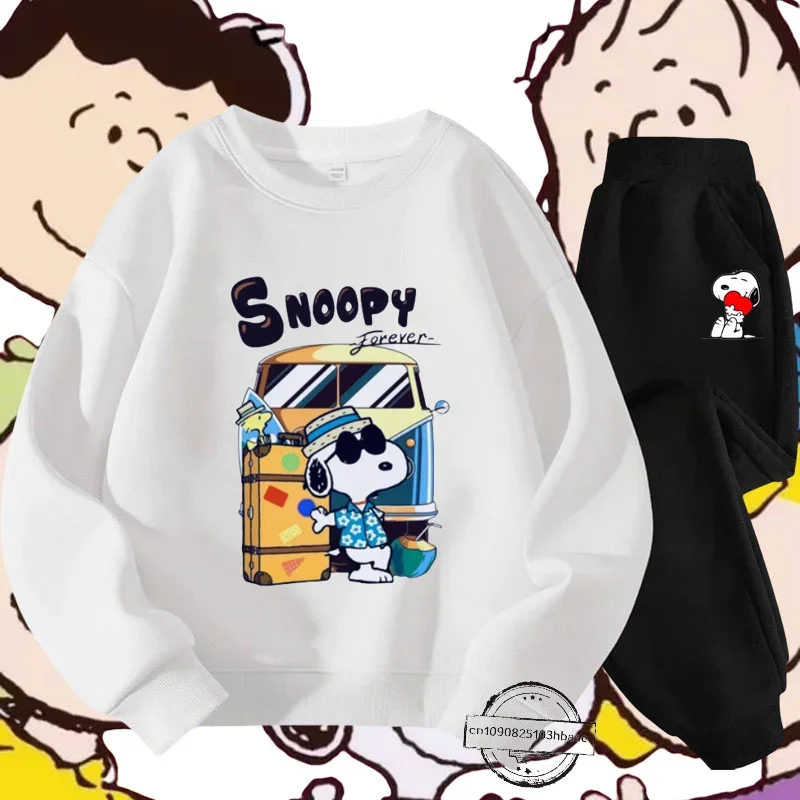 Snoopy Harajuku children's crewneck hoodie set Boys and girls cartoon anime printed autumn and winter long-sleeved sweatshirt