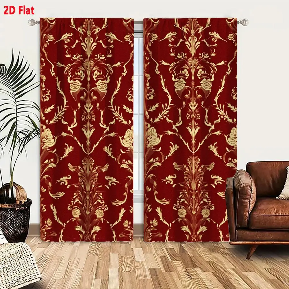 2Pcs Curtains 2D Flat Deep Red Maroon Background Ornate Golden Beige Floral Foliate Motifs Baroque Rococo Style Decorative Seaml