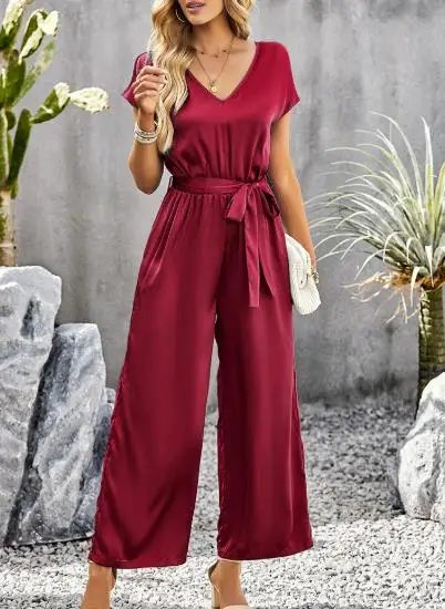 

Women's Jumpsuit 2026 Summer New French Elegant Temperament Casual Solid Color V-Neck Lace Up Waist Wide Leg Pants Jumpsuit