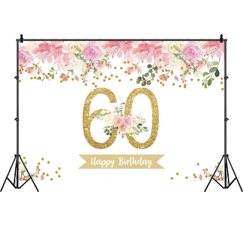 Pink 60th Photo Backdrop Sixty Women Men Happy Birthday Party 60 Years Old Flower Photograph Background Banner Decoration Prop