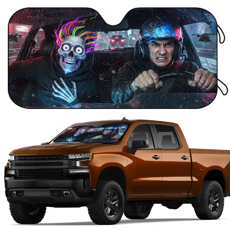 1Pcs Playful Skull Design Car Windshield Sun Shade, For SUV RV, Fit Car Accessories, Easy Installation
