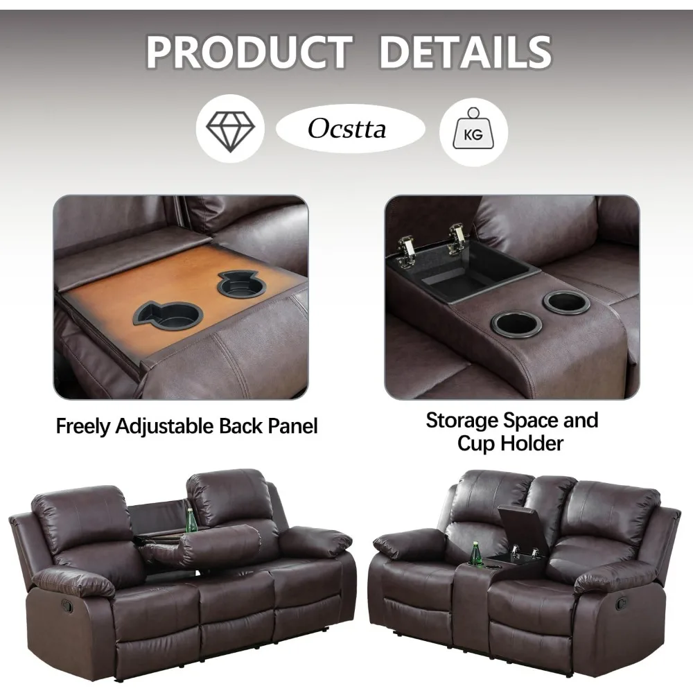 Sofa Living Room, Manual Leather Recliner Sofa 3 Pieces Set For Living Room Furniture Set, Leather Recliner Couch Set For Home