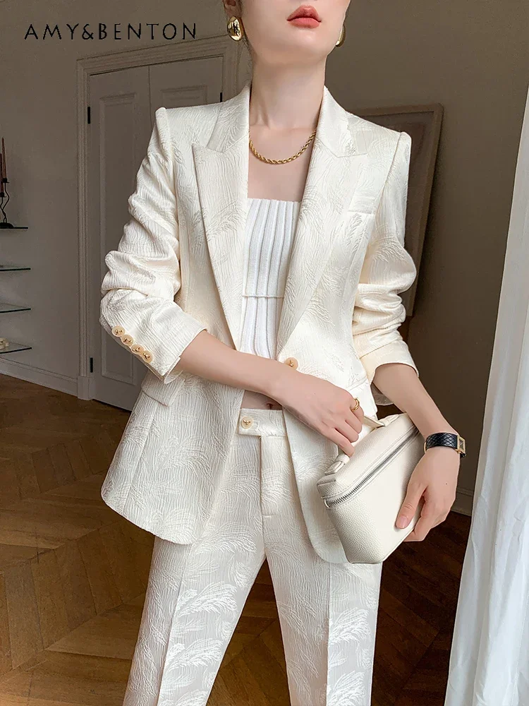 Office Lady Casual Suit Women Spring Autumn Graceful Chinese Style Fashion Professional Suit Jacket Straight Pants Two-piece Set