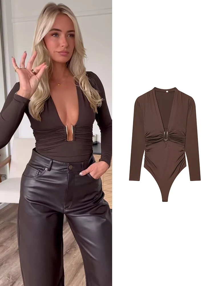 

Spring New Women Bodysuit Fashion Long Sleeve Deep V Neck Slimming Elegant Solid Color Shirt Top Chic Folds Decoration Bodysuits