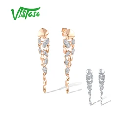VISTOSO Real 14K 585 White Rose Gold Drop Earrings For Women Sparkling Diamonds Long Geometric Wedding Party Trendy Fine Jewelry