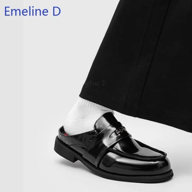 

Square Toe Backless Loafer Mules Black Patent Leather Metal Buckle Slip On Block Heel Casual Work Business Outdoor Footwear