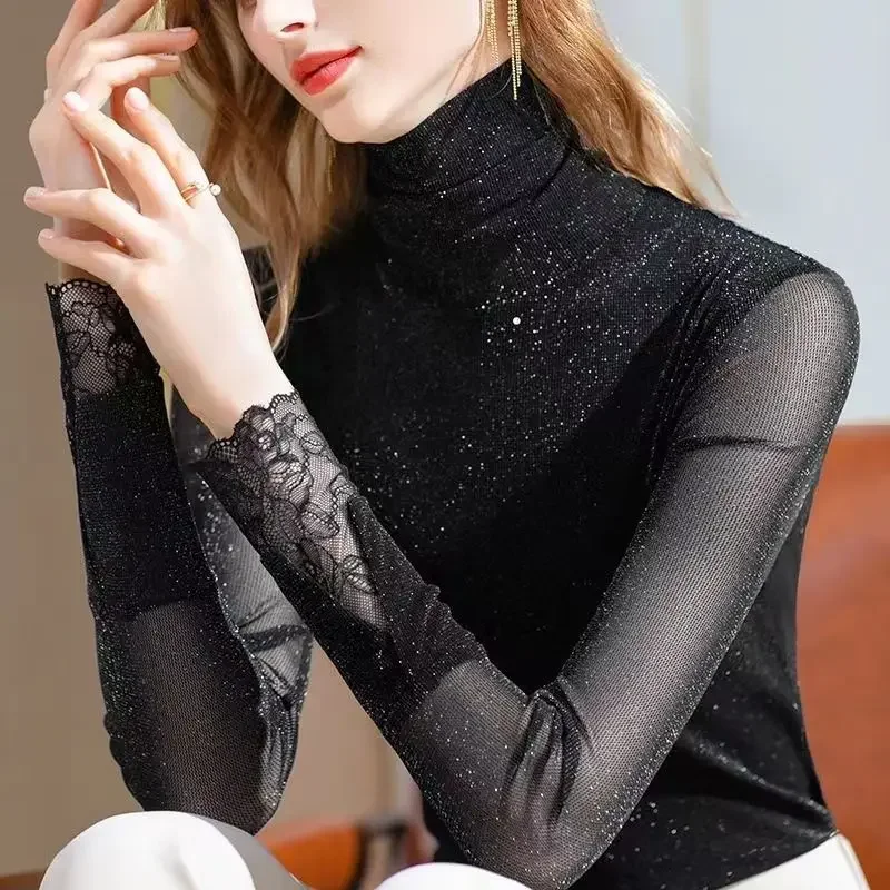 

Chic Sexy Tops Mesh Bottom Shirt Women Clothing Tend Autumn Winter Turtleneck Long Sleeve Tops Slim Lace Harajuku Vintage Tops