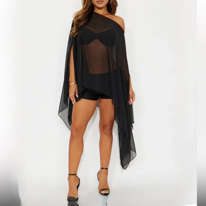 Women Chiffon Capelet Shawls Wraps Loose Sheer Tops Bat Sleeve Off Shoulder Shirts Boho Beach Vacation Cover-up Tops