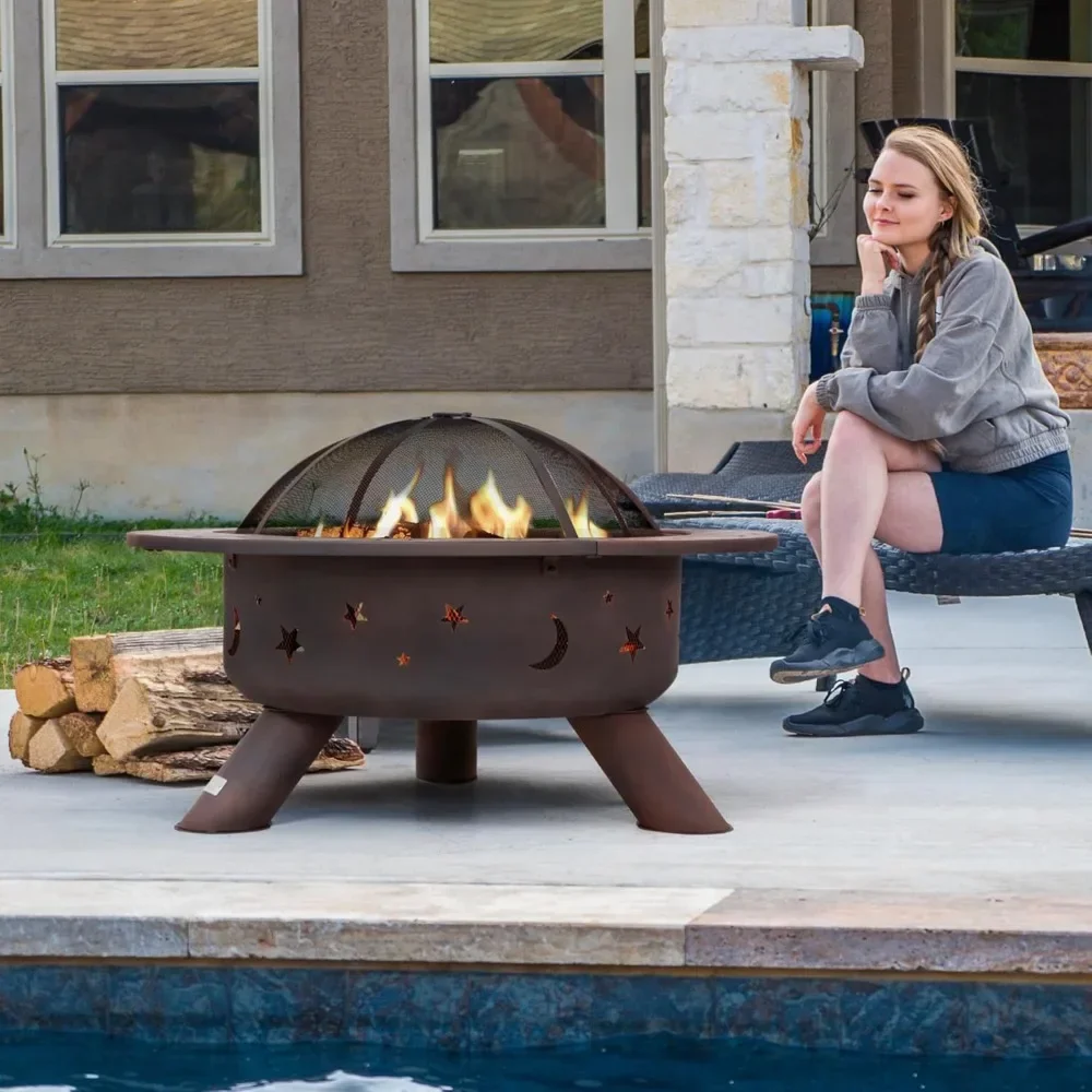 Fire Pits, 42 Inch Extra Large Bonfire Fire Pit, Steel Round Fire Pit Table with Star Pattern for Garden, Backyard