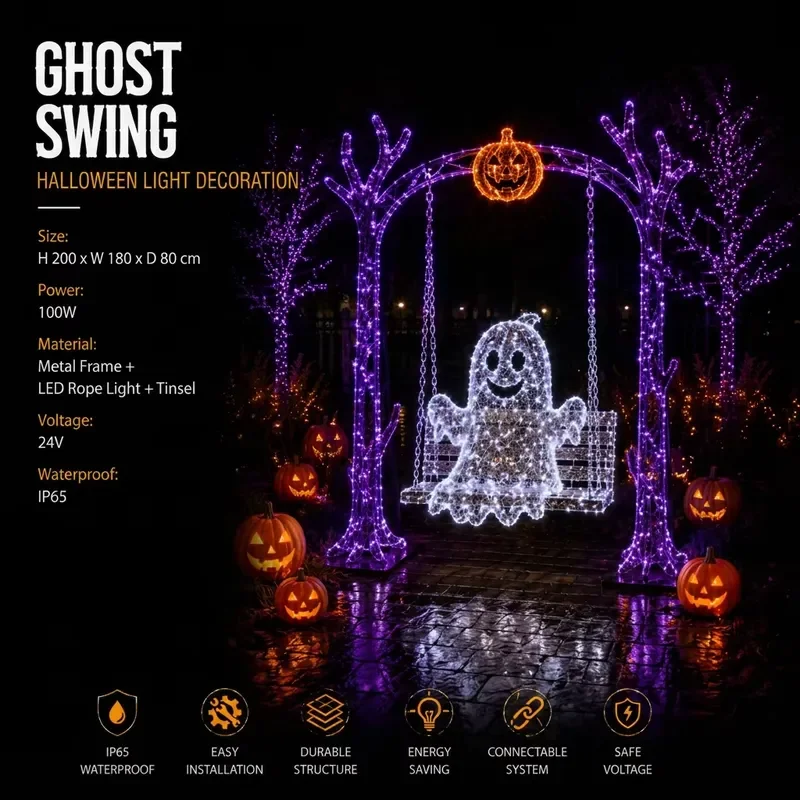 Ghost Swing Tree with Pumpkin Top Purple PVC Tinsel LED Rope Metal Frame CE UL IP65 Halloween Motif Light for Horror Theme