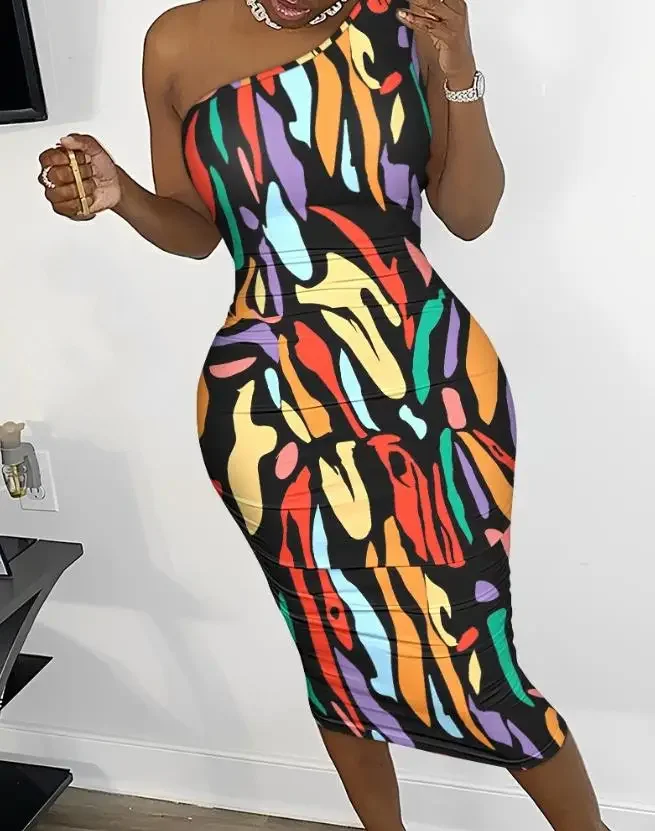 ชุดเดรสสตรีแฟชั่นฤดูร้อนลวงตาพิมพ์ Cutout หนึ่งไหล่แขนกุดหญิงกลางลูกวัว Skinny Night Out Dress