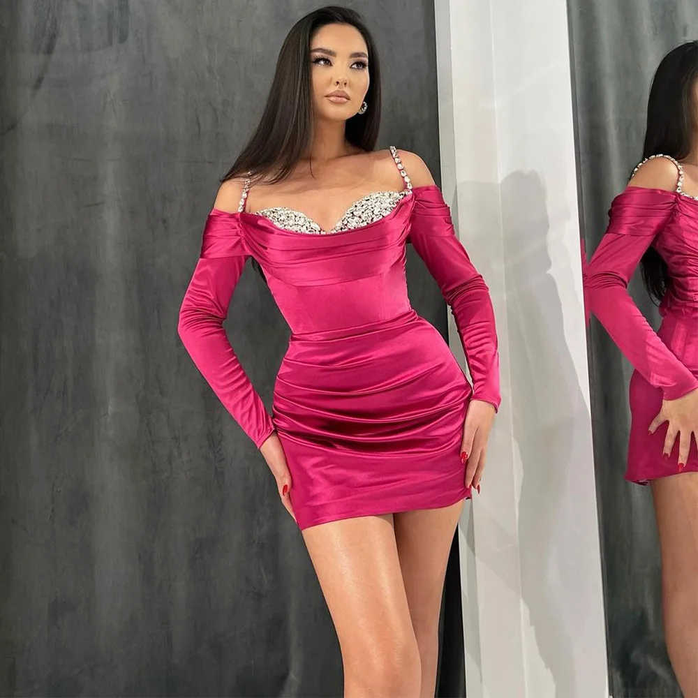 

Rose Red Cocktail Dress for Women Crystal Spaghetti Straps Mini Cocktail Gown Off Shoulder Long Sleeves Bodycon Sexy Party Dress