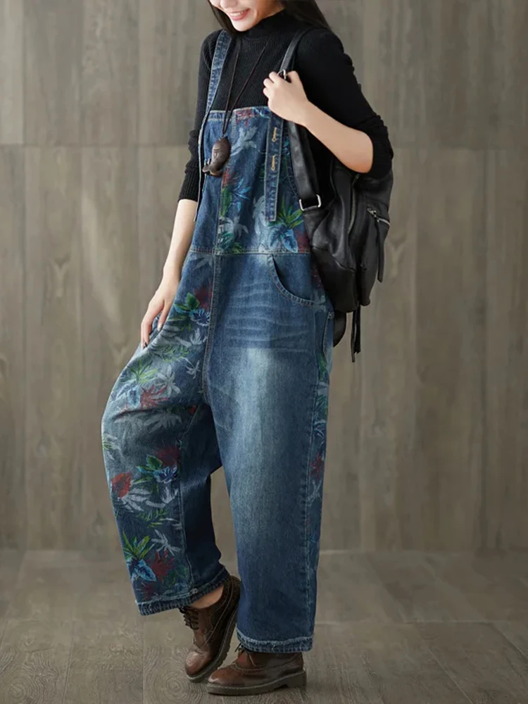 Amax luluE 2024 Fall Korean Fashion Jeans Women Vintage Loose Overalls Ladies Casual Printed Denim Trousers Classic Floral Pants