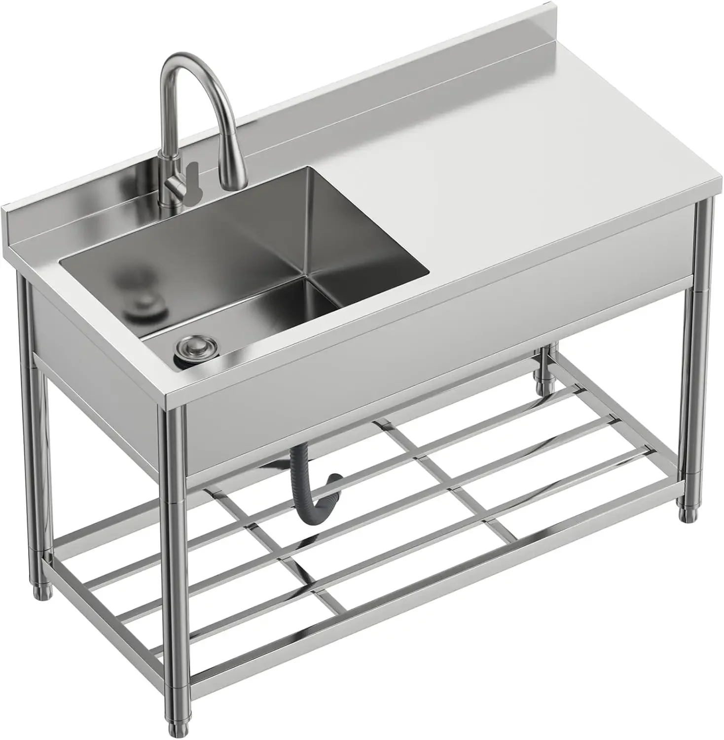 Commercial Sink with Drainboard, Stainless Steel Utility Sink with Pull-out Faucet, Free Standing Single Bowl Kitchen Sink