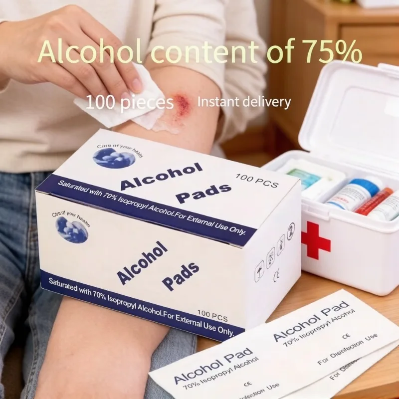 First Aid Box Essential, 75% Alcohol Swabs 100 Pieces per Pack, Skin Wound Disinfection and Cleaning Supplies
