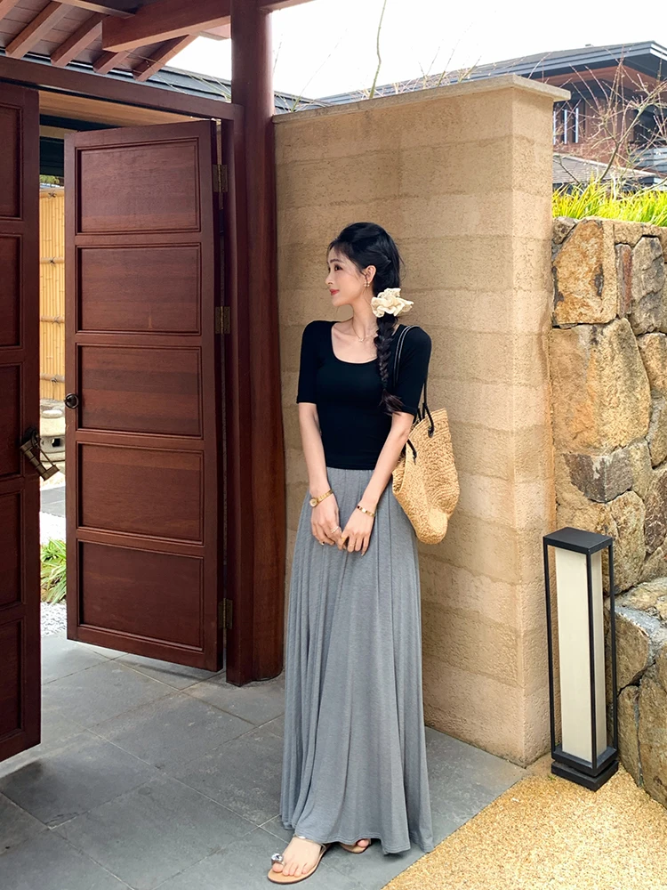 

Удобная вязаная юбка-миди А-силуэта для весны и лета, повседневная свободная универсальная юбка средней длины Linyanner, эластичная драпированная юбка