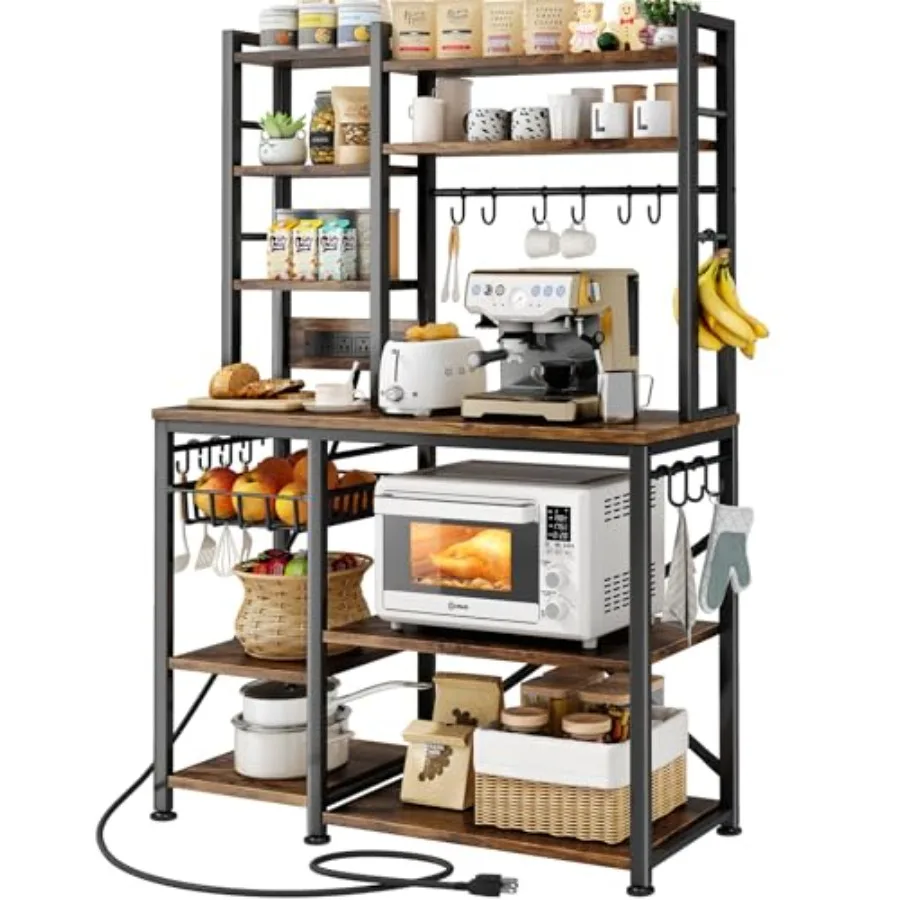 

Baker Rack with Power Outlet - Large Coffee Bar Station with 14 Hooks Metal Kitchen Shelf Rack for Spices and Pots in Rustic Br