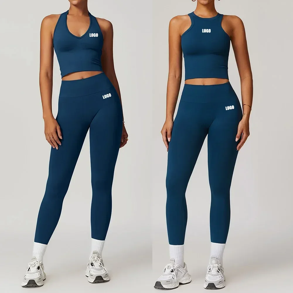 

Custom LOGO seamless I-shaped beauty back sports vest, trousers, threaded hip lift yoga fitness clothes, women's two-piece set