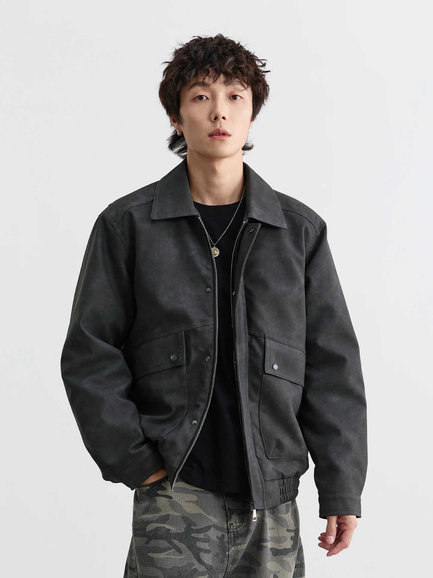 

American Retro Suede Jaet Men's Collar Autumn Winter Cotton Added Loose Trendy Workwear Sle Zipper Closure Warmth