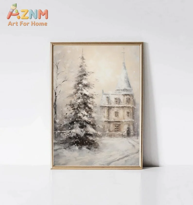 AZNM Vintage Winter Snow Forest Reindeer Snowman Santa Canvas Wall Art, Rustic Christmas Frameless Canvas Print Poster for Farmh