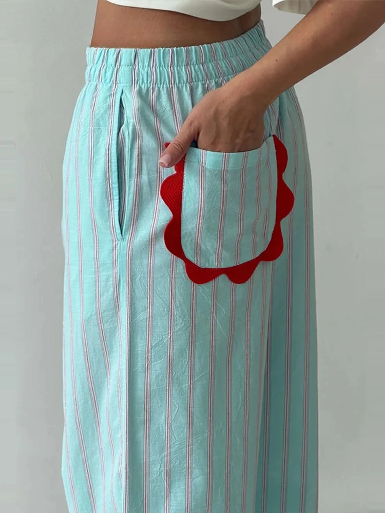 2026 American Style Fashion INS Women's Striped Wave Cut Loose Elastic Waist Pocket Wide Leg Women's Versatile Casual Pants