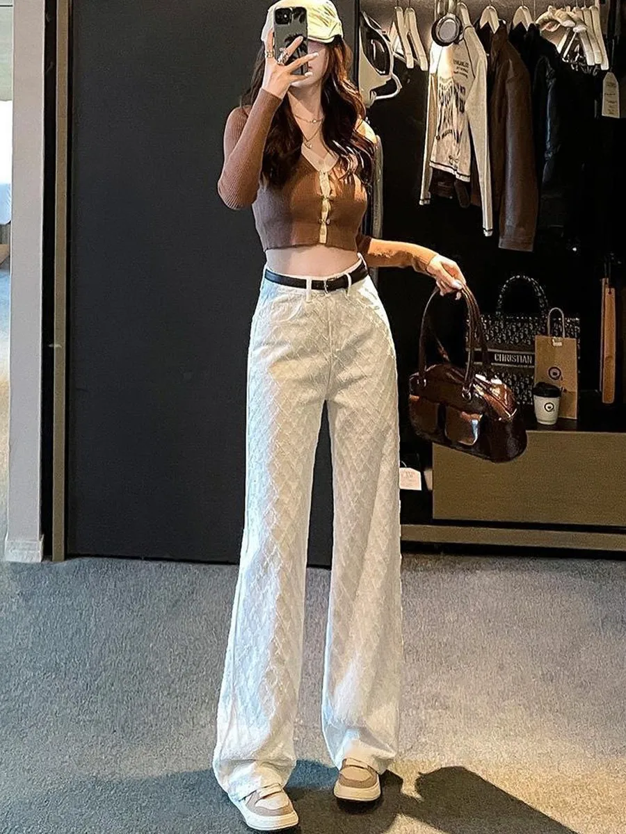 

Прямые брюки с высокой талией, женские джинсовые брюки, осенние новые повседневные широкие джинсы с высокой талией и цветочной вышивкой