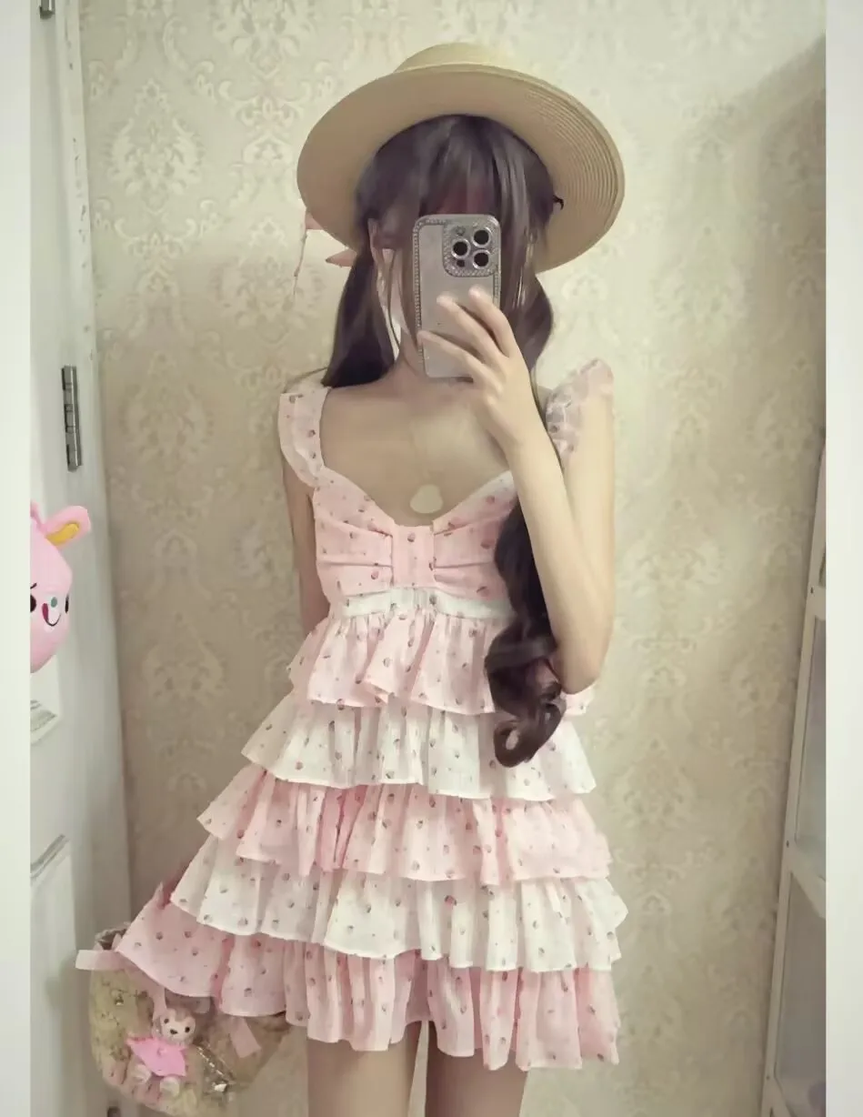 فستان نسائي صيفي عتيق ضيق كاواي هالتر فستان صيفي ياباني مطبوع عليه فراولة فستان هاراجوكو Y2k فساتين كعكة حلوة