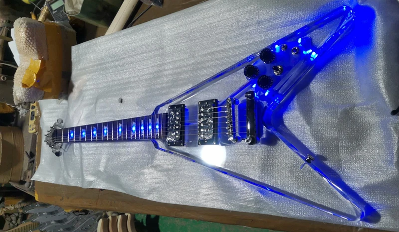 Good quality Fly V style acrylic electric guitar with blue led light