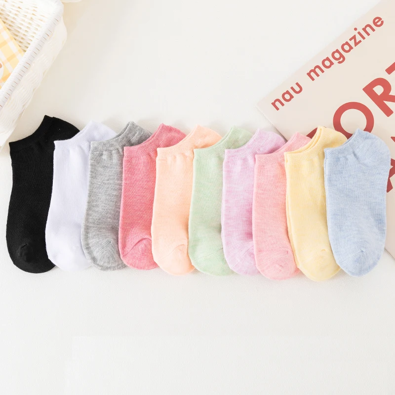 10 Pairs/5 Pairs of Colored Cotton WOMEN\'S Short Socks, Solid Color Ankle Breathable Sports Socks, Summer Thin Socks, Boat Socks