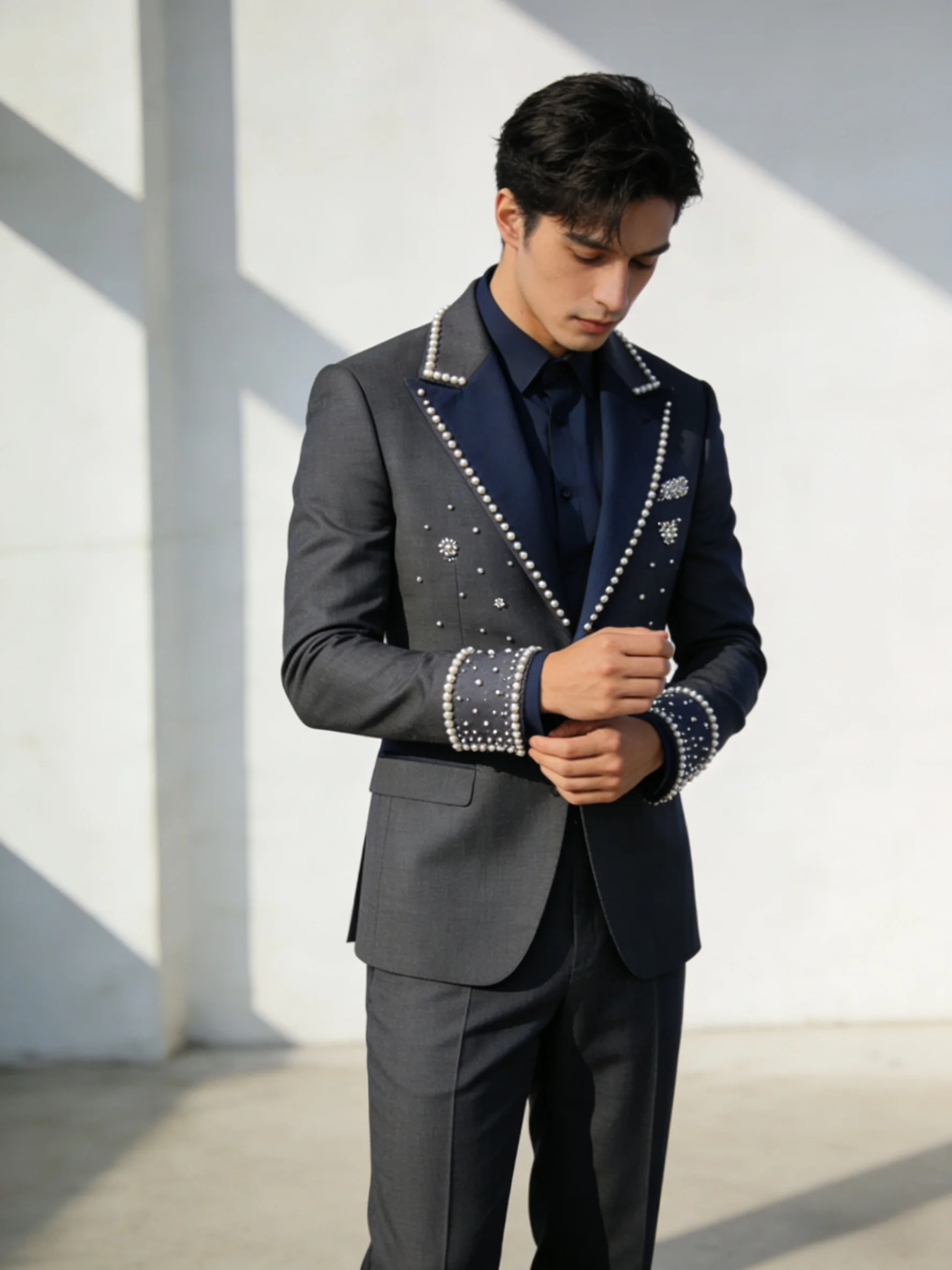 

Grey Spring Men Suits Set 2 Pcs Blazer+Pants Trousers Luxury Pearls Wedding Tuxedo Formal Office Business Groom Jacket Coat
