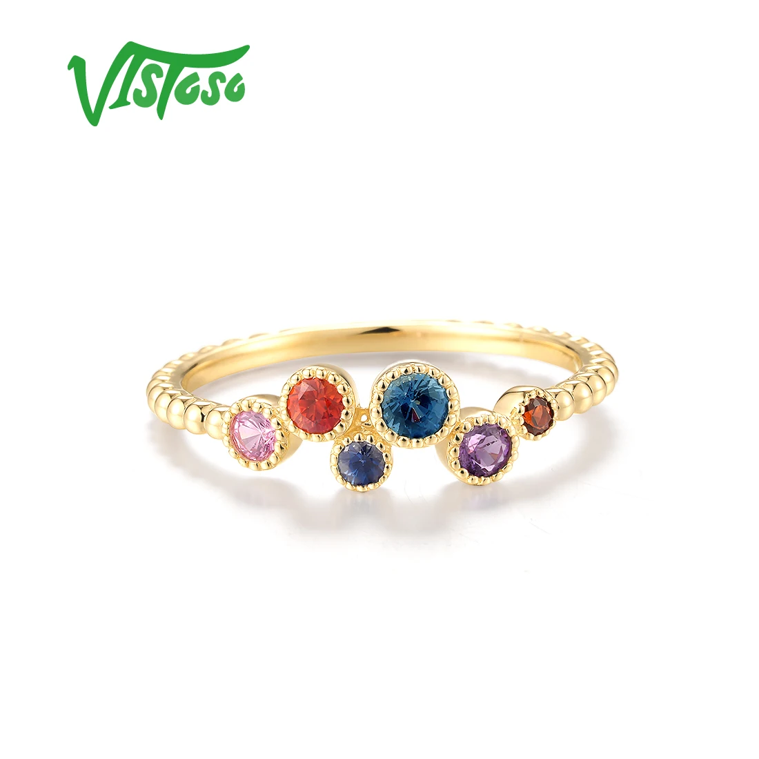 VISTOSO Genuine 14K 585 Yellow Gold Ring For Women Sparkling Multi-Gems Elegant Bubble  Wedding Anniversary Fine Jewelry Set