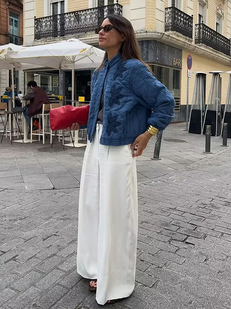 HH Damesmode Bloemenborduurwerk Gewatteerde jassen Single Breasted Lange mouw Jas Herfst Losse Casual Zwangerschapsoutfit Top