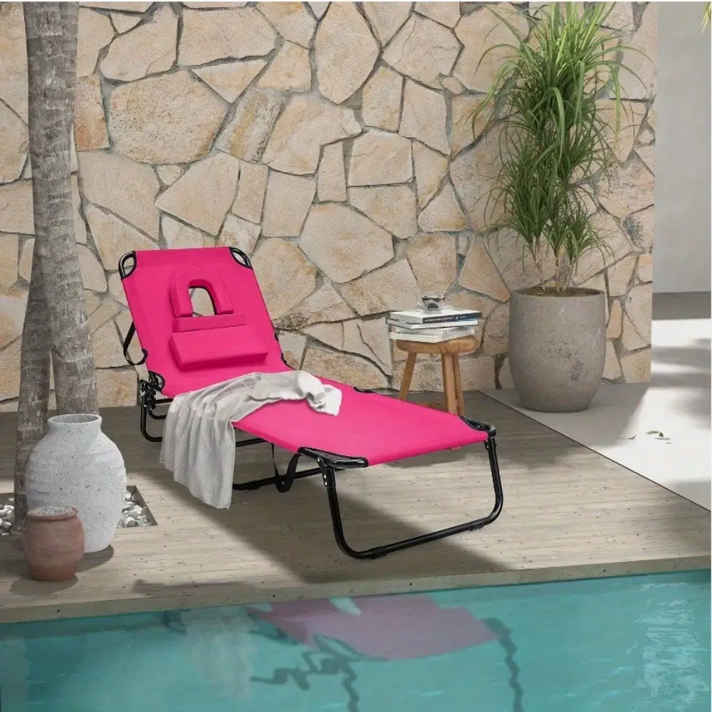 Beach Chaise Lounge Chair w/ Face Hole Pillows & 5-Position Adjustable Backrest