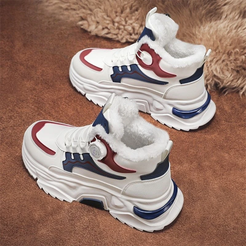 

​Teenager Boys Winter Outdoor Cotton Padded Dad Shoes High Top Rotating Buckles Color Blocked Quilted Thickened Sports Boots​