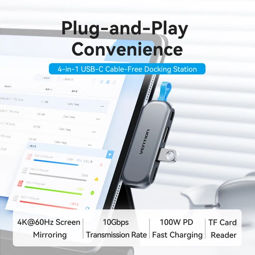 Imagen 2 del producto Vention 4 en 1 portátil USB 3,2 Gen2 4K @ 60Hz HDMI HUB PD 100W adaptador de carga estación de acoplamiento para iPad tableta MacBook portátil