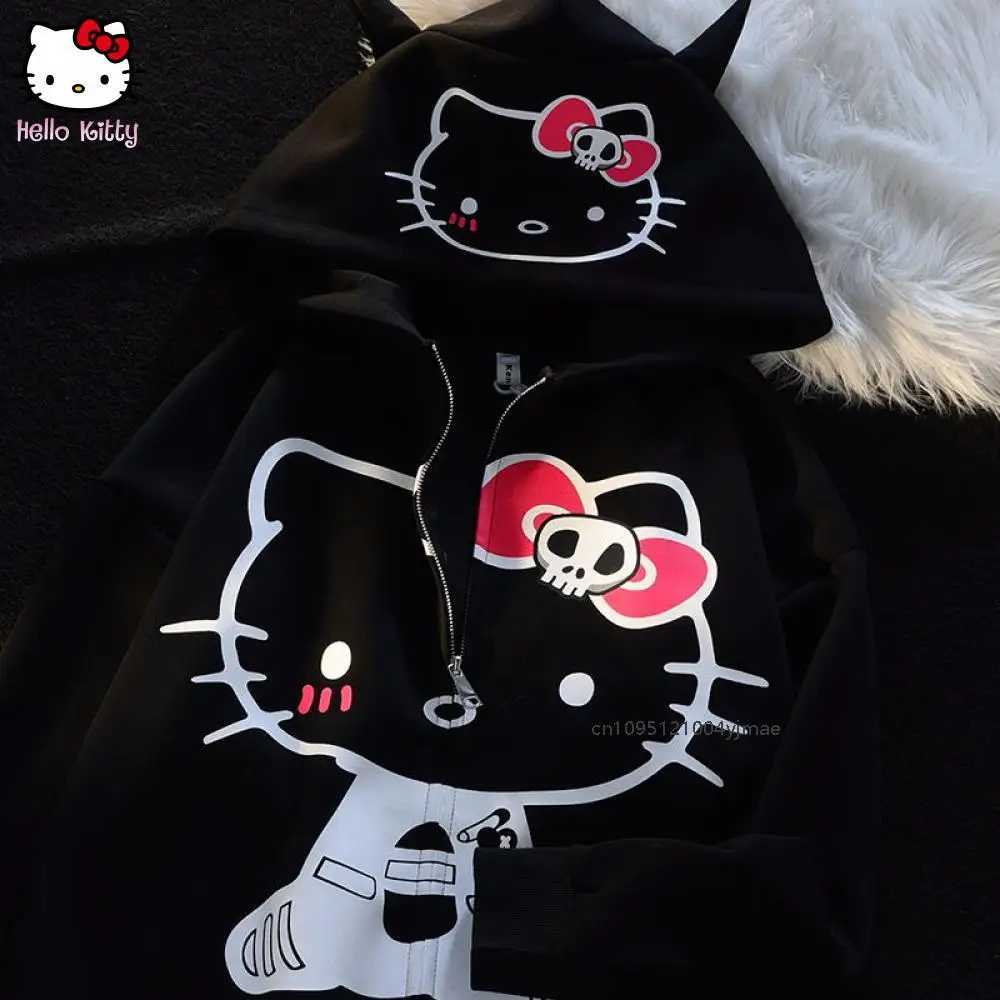 سانريو Kawaii مرحبا كيتي القطن المطبوع هوديي المرأة فضفاضة سستة الكرتون سترة معطف مقنعين الملابس جديد الخريف الشتاء لطيف