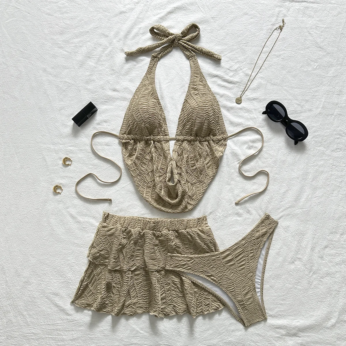 

New 3PC Tankini Wrinkled Bikini Three-pieces Bikini set With Skirt Women Swimwear Female Swimsuit Bathing Suit Bather Swim