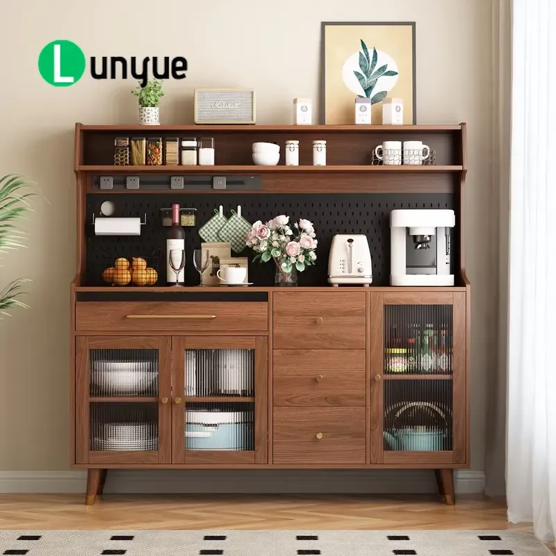 Walnut Veneer Multifunctional Side Cabinet with Grooved Glass Doors Drawers Adjustable Shelves for Kitchen Buffet Counter