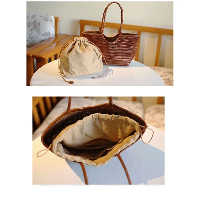 Rattan-Geflecht-Shopper-Korb-Tragetasche für Damen, französische Vintage-Handgewebte Schultertasche, große Strand- und Urlaubshandtasche – Detail 1