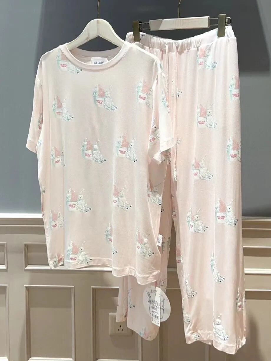 

Summer Soft Cotton Ice Cream Style Short Sleeve Long Pants Sleepwear Home Clothes Set for Women Sweet Cute Bear Design