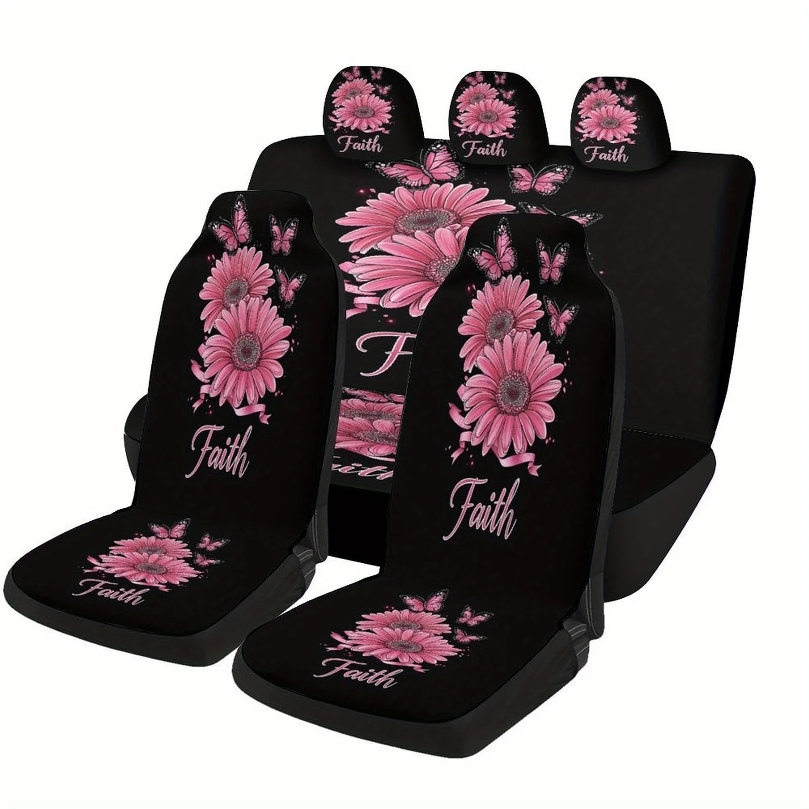 

Pink Daisies & Butterflies Car Seat Cover Set - Universal Polyester Protector For 2 Front Seats & Rear Back Seat, Machine Washab