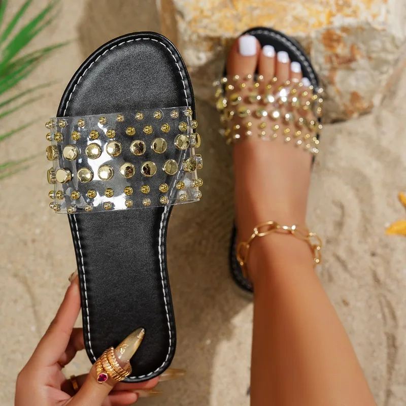Studded Rhinestone Slip Flats Women's Fashion New Versatile Round Toe Open Toe Sheer Strap Soft Slip Non-Slip Slippers