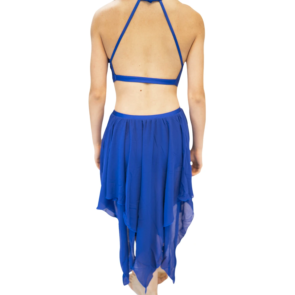 Royal Blue NylonLycra Mesh Dance Crop Top Chiffon Uneven Skirts Performance Dance Costume for Ladies and Girls 13 Sizes