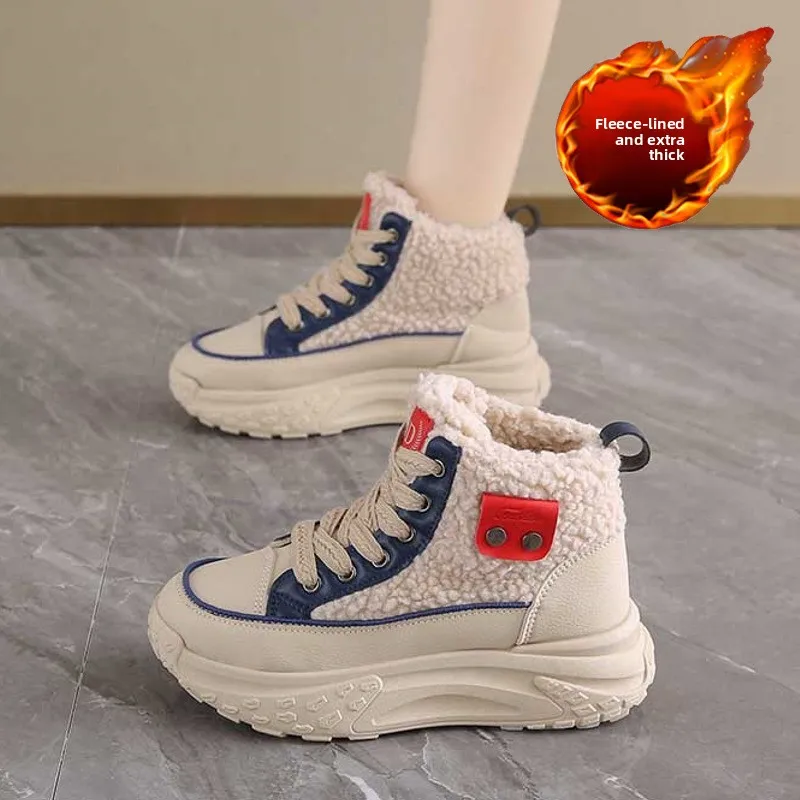 

2025 зимние женские высокие зимние ботинки на флисовой подкладке, универсальные утепленные хлопковые ботинки на платформе в корейском стиле с подъемом, теплые ботильоны