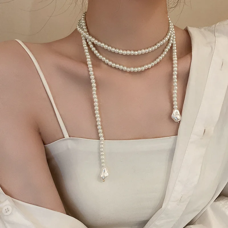 SRCOI French Retro Long Pearl Wrapped Necklace For Women Girls Gifts Wedding Party Choker Collar Fashion Jewelry 2022