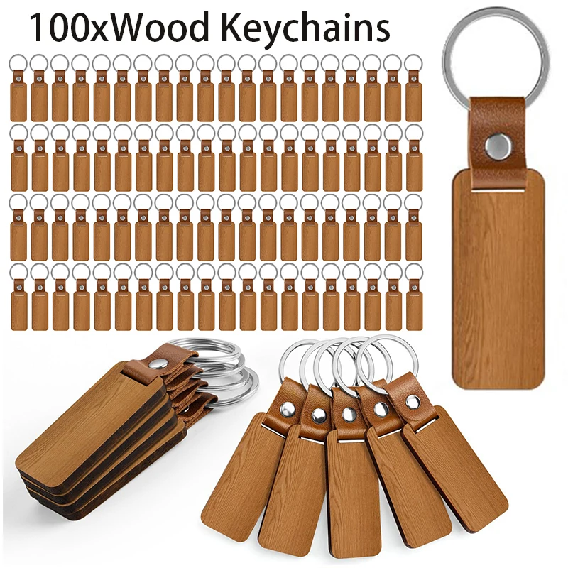 100 Pieces Wooden Keychain Blank Leather Wood Keychain Wood Tag Unfinished Wooden Key Ring with Leather Strap